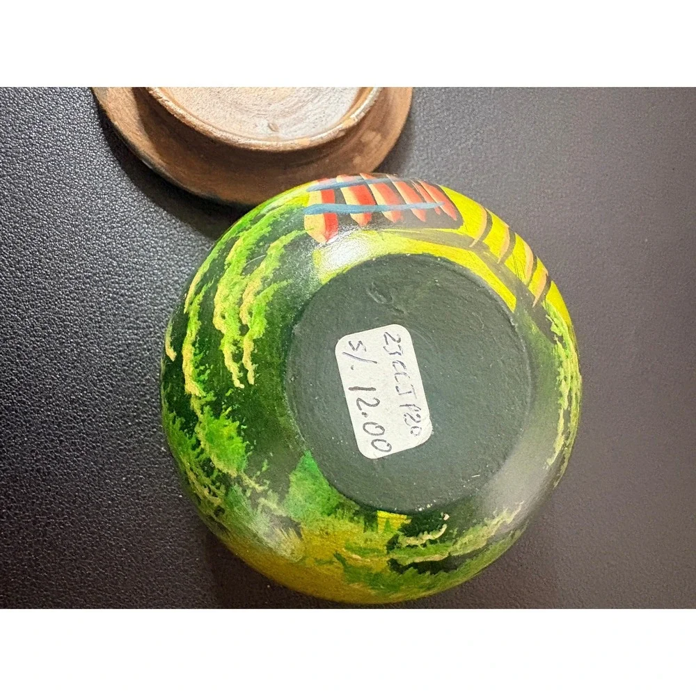 Vintage Hand Painted Wooden Trinket Box Llama Folk‎ Art Mountain Scene Round Lid